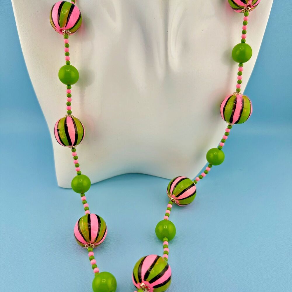 Vintage Neon Green Pink Beaded Necklace Acrylic Painted Stripe Statement 25"
